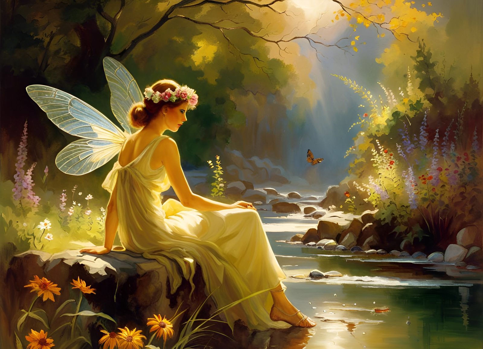 Fairy sitting on a riverbank