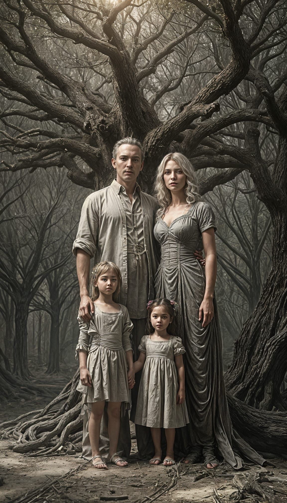 Dark Cottagecore Family Portrait in Pencil Sketch Style