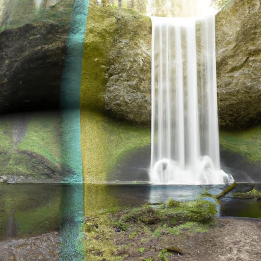 Silver Creek falls in the middle of the day and the ghosts of a brilliant streaking aura. sharp focus Sketchfab golden r...