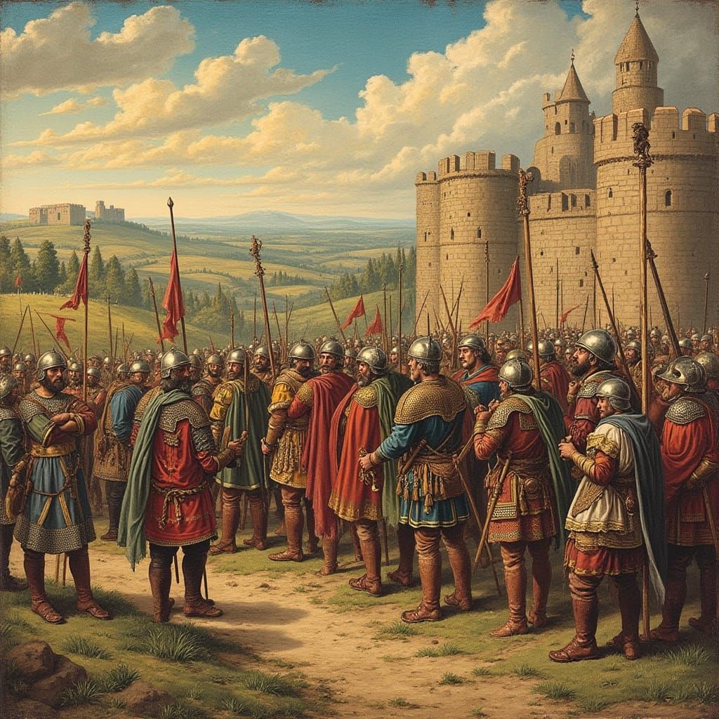 9th century Kyivan rus warriors outside of a walled city, de...