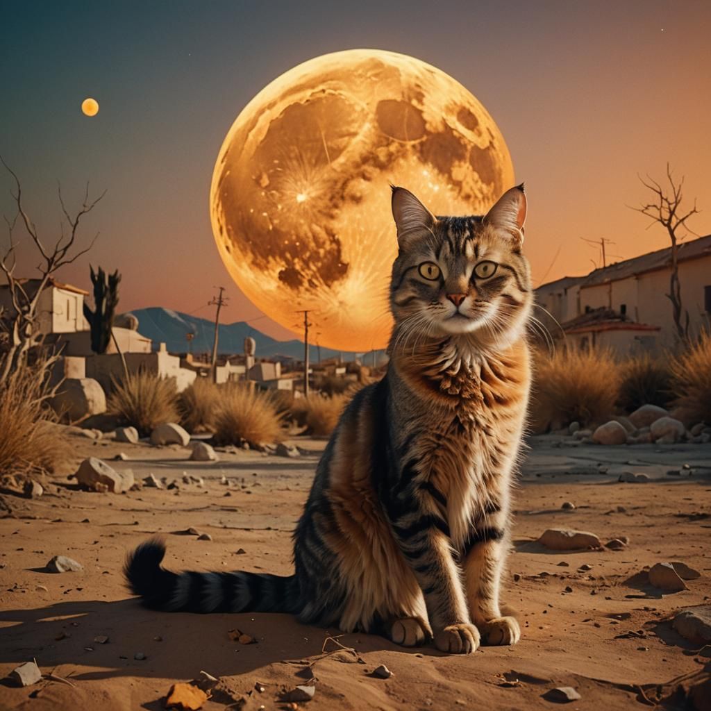Cat in Surreal Dreamscape with Orange Moon