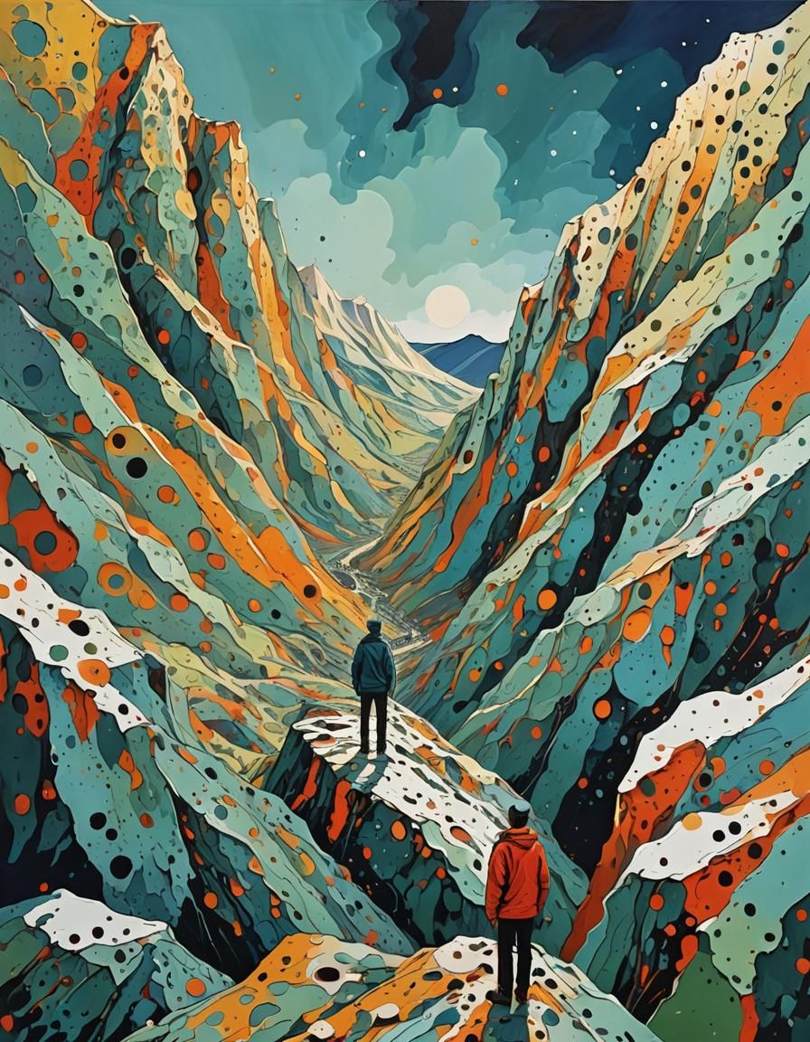 Man on Mountain Gazing at Abstract Holes