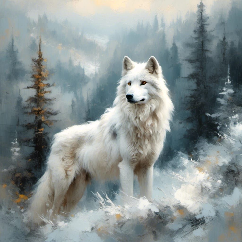 Majestic White Wolf on Snowy Mountain Peak