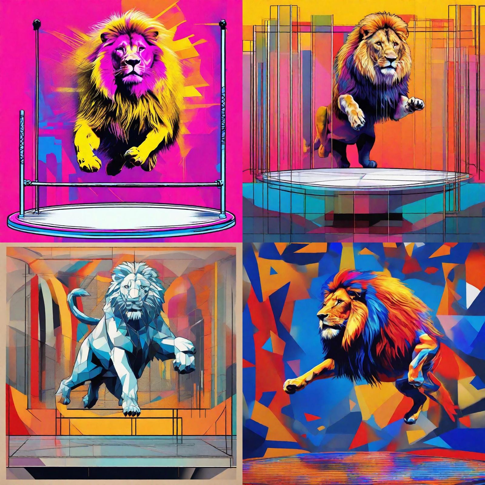Lion in Vibrant Pop Art Style on a Silver Trampoline