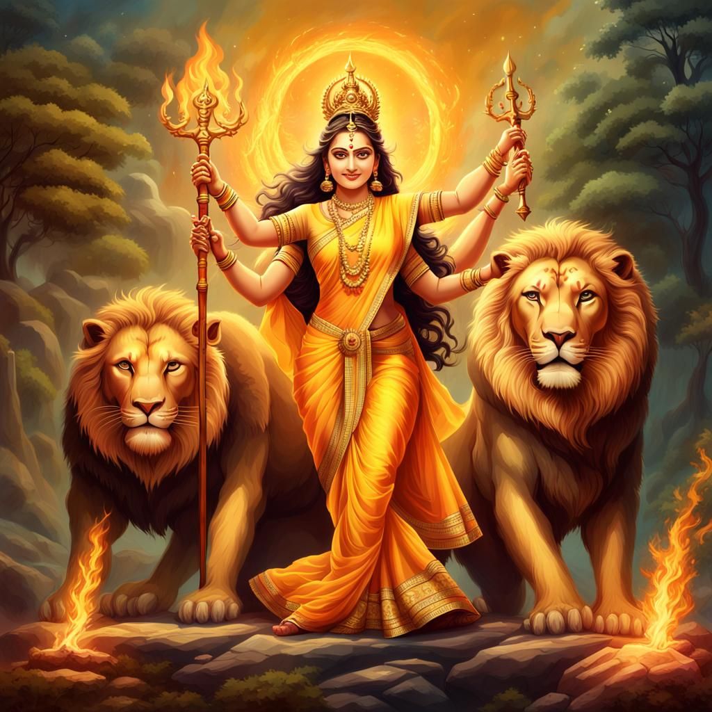 Hindu Goddess with Lion in Digital Painting
