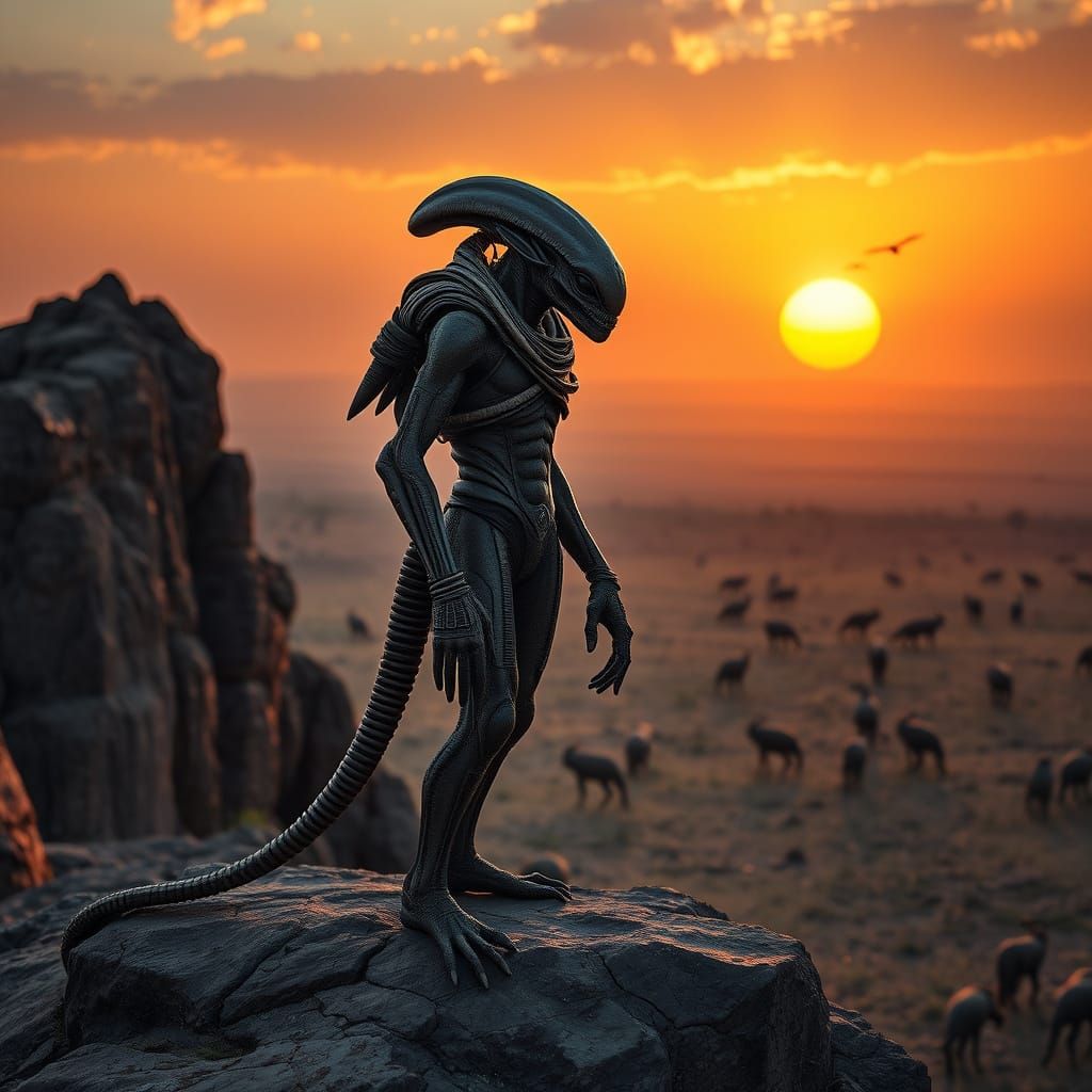 Alien Warrior Overlooks African Sunset: Hyperrealistic Style