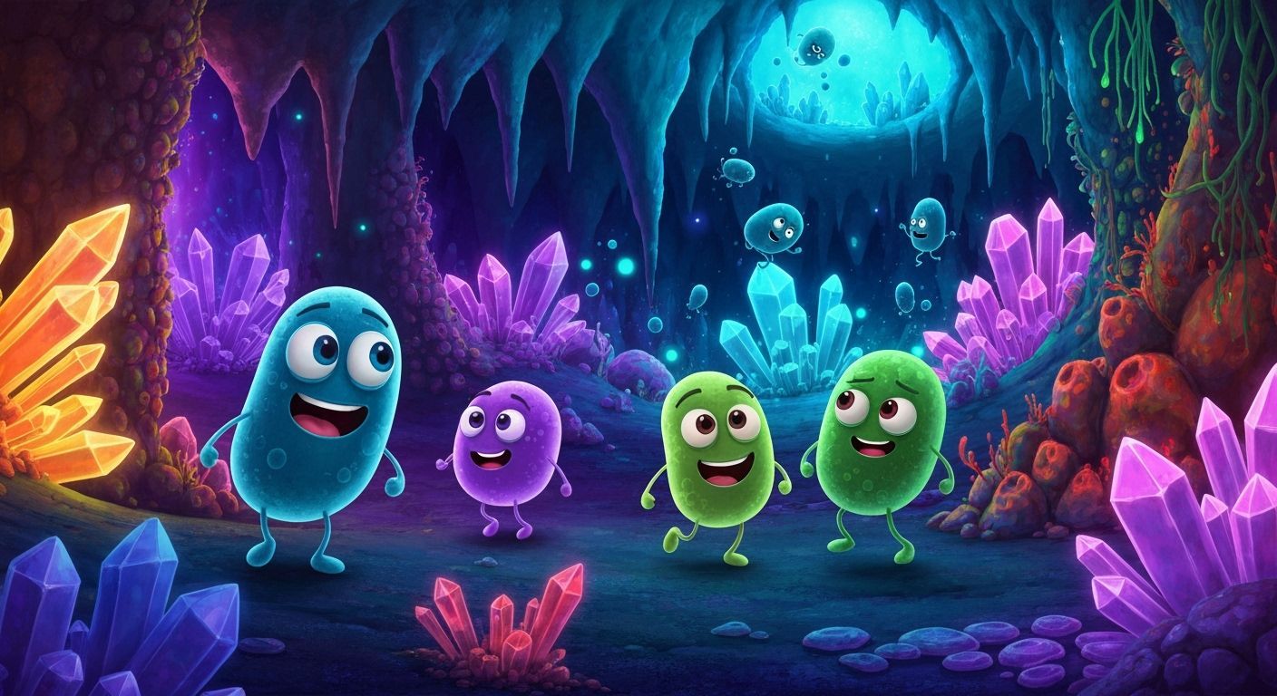 Whimsical Microbes in a Magical Glowing Cave