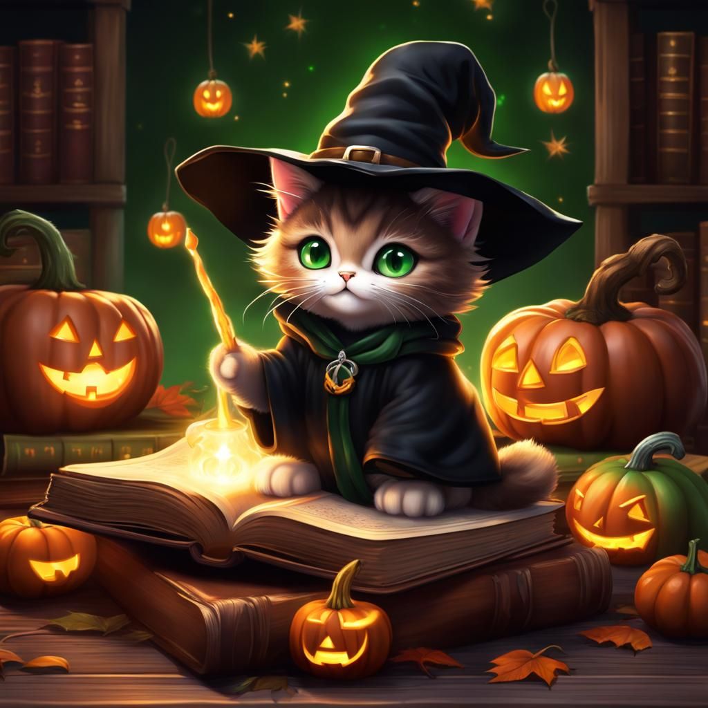 Chibi Kitten Witch in Magical Library
