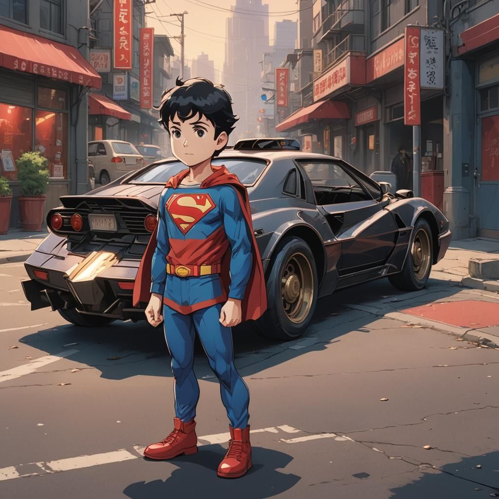 Anime Superkid with Batmobile, Ghibli Style