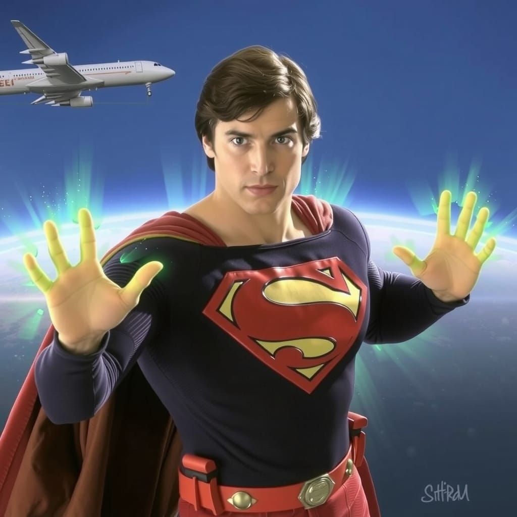 Beefcake Christopher Reeve as Superman, glowing green with t...