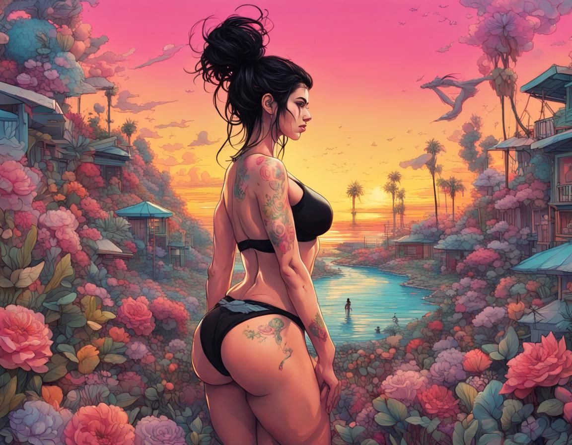 Giantess in Floral Paradise: Graffiti Art Style
