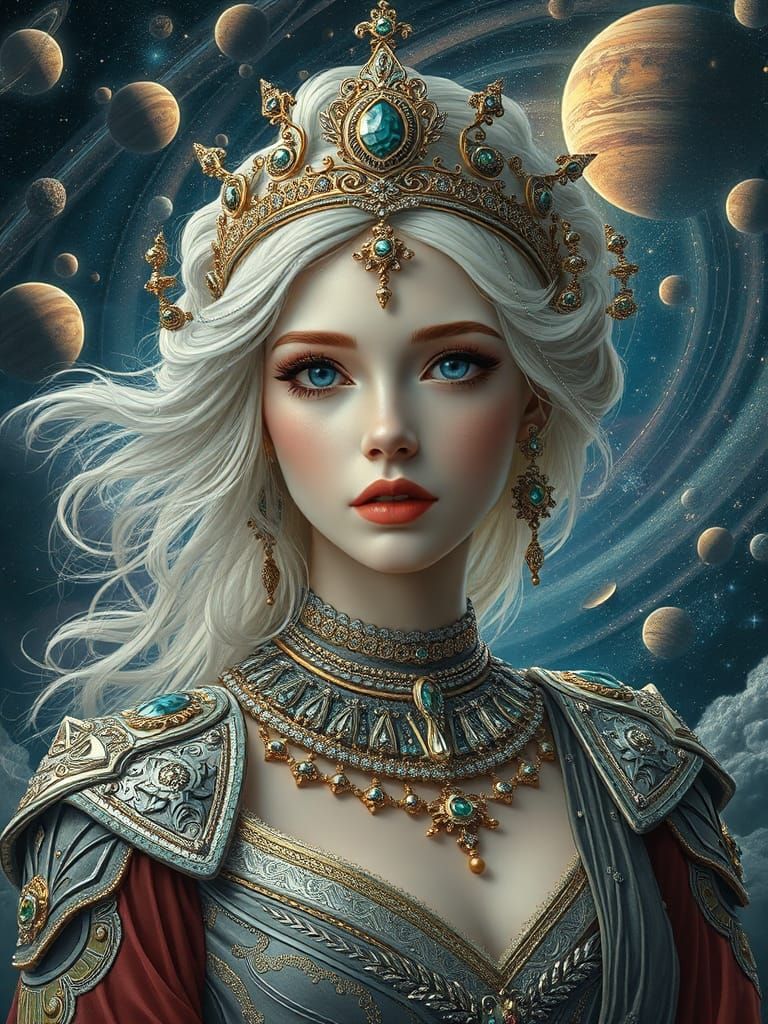 Pre-Raphaelite Woman in Cosmic Setting, Hyperrealistic Art