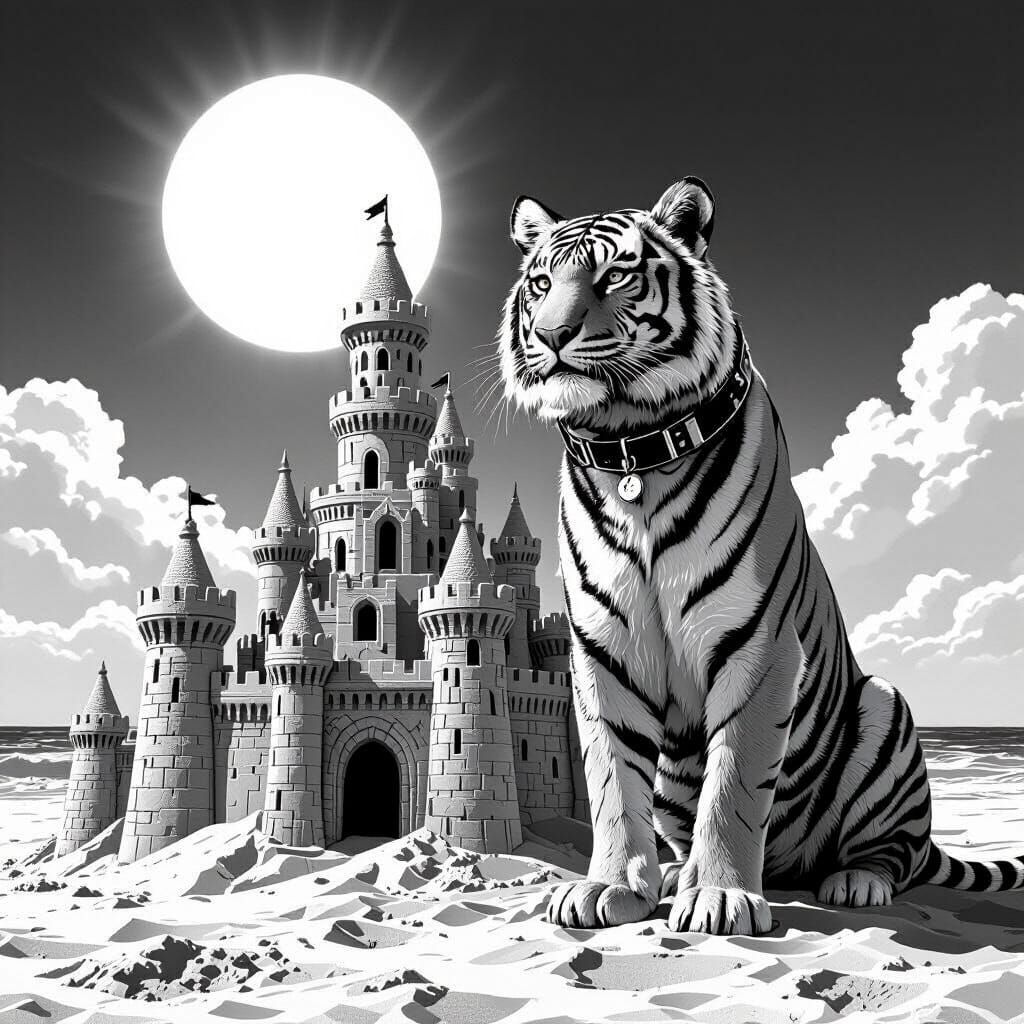 Tiger Guarding Sandcastle in Noir Style