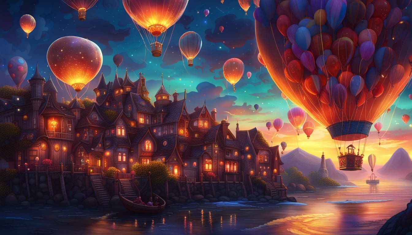 Glowing Balloons Over Fairytale Town: Fantasy Art
