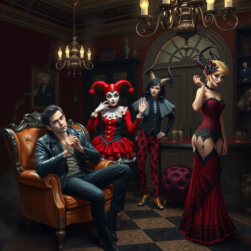 [4 people]
 Emo mo handsome man smoking weed with a 
Beautiful brunette painting her nails with a harlequin style woman ...