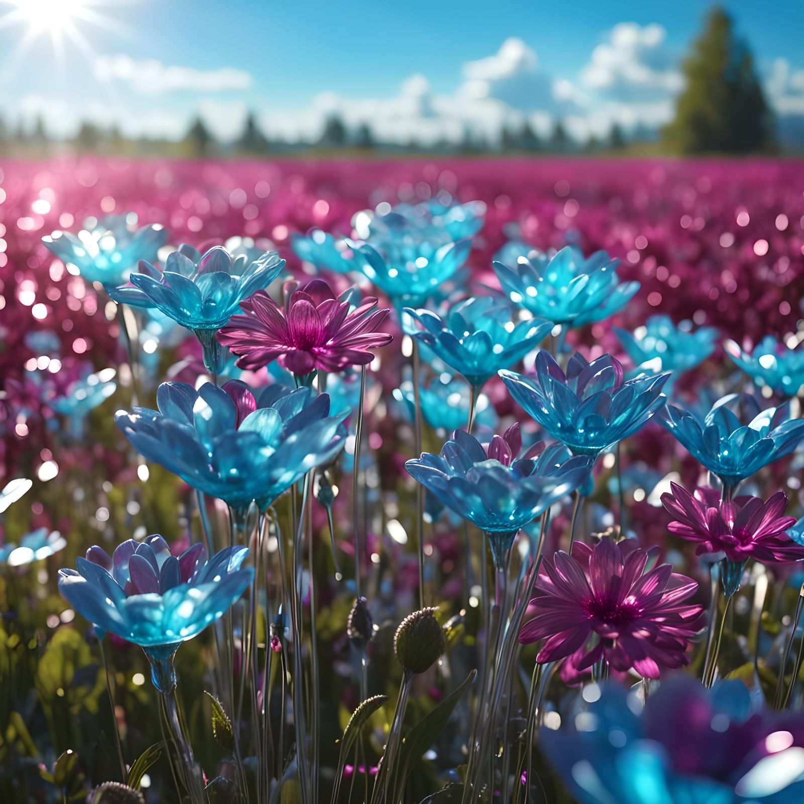 Cerulean and Magenta Crystal Flowers in Sunlight