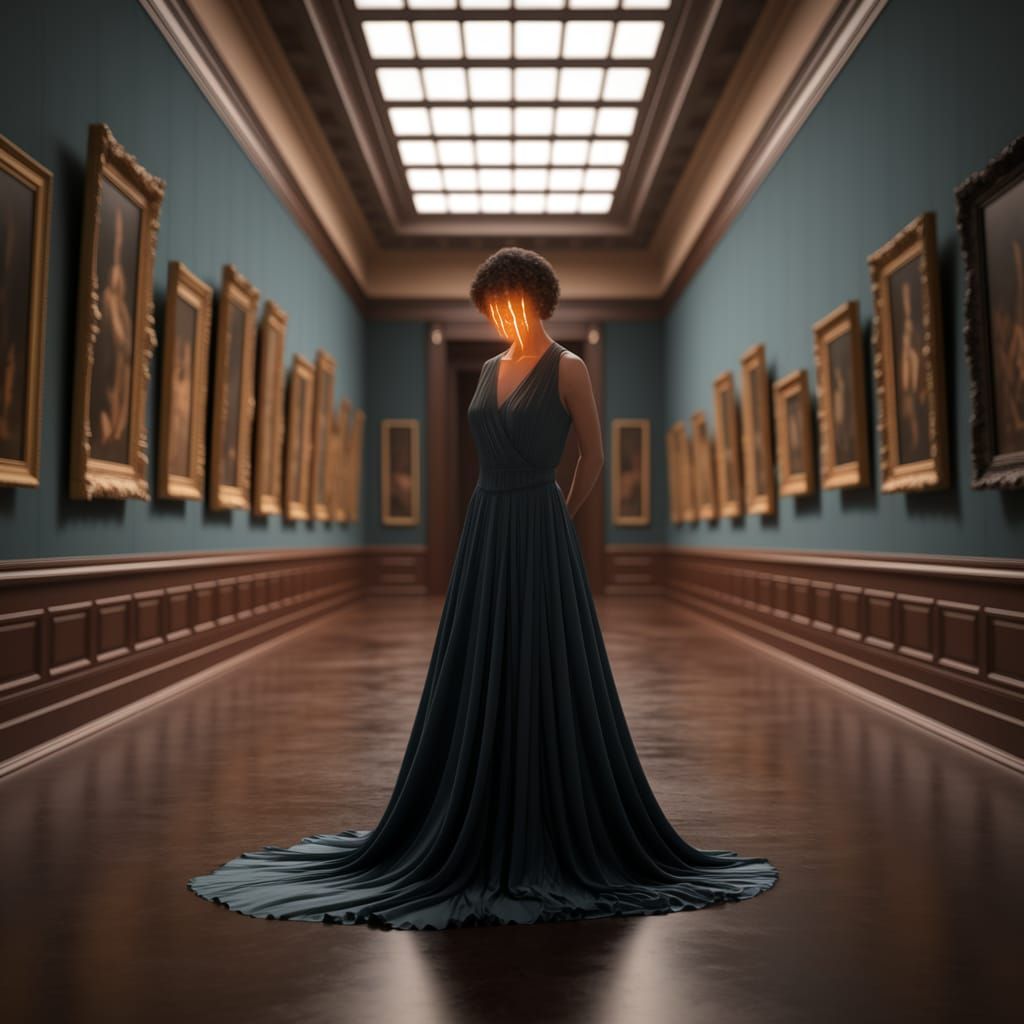 Melancholy Figure in Art Gallery, Early 20th-Century Style