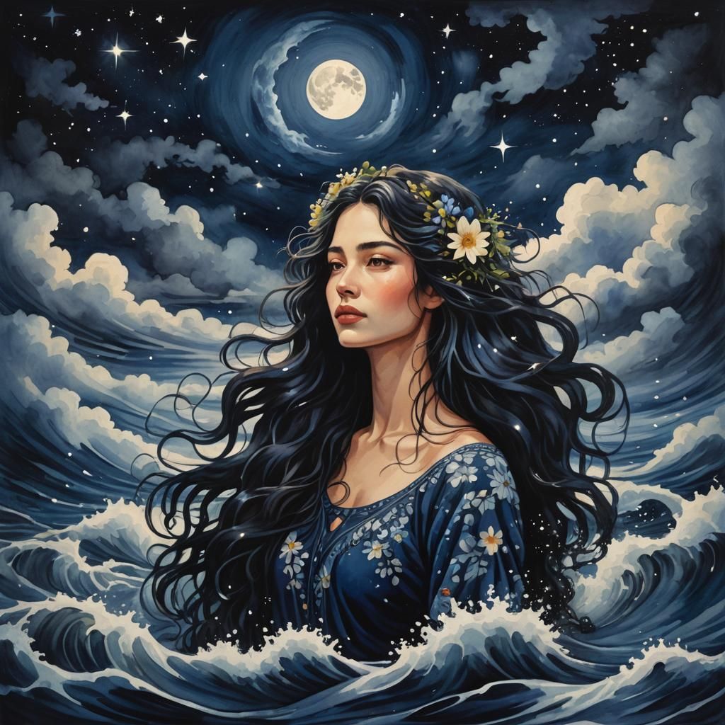 Woman in Water Under Night Sky: Gouache Painting