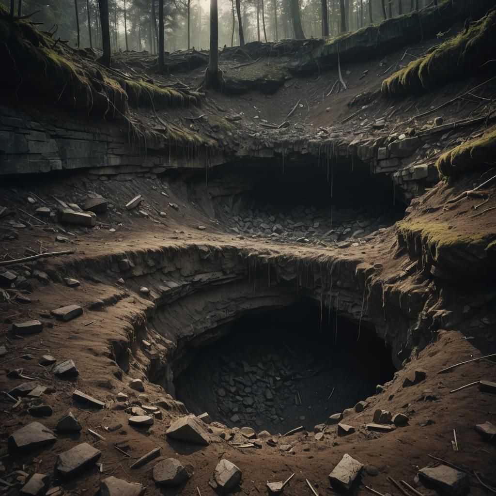 Abandoned Mining Earth Hole in Dark Cliff Valley