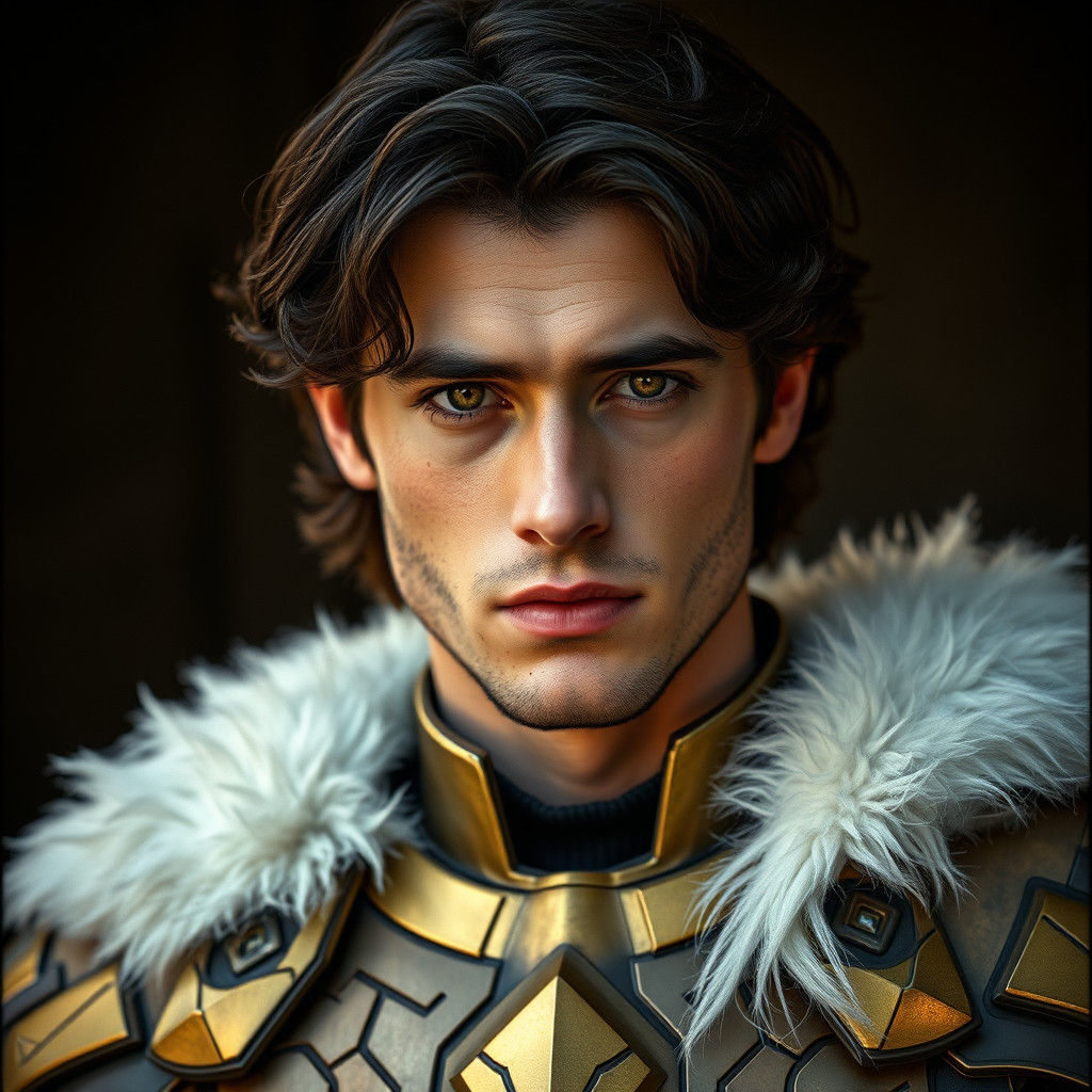 Futuristic Warrior in Gold Armor and Fur Cloak