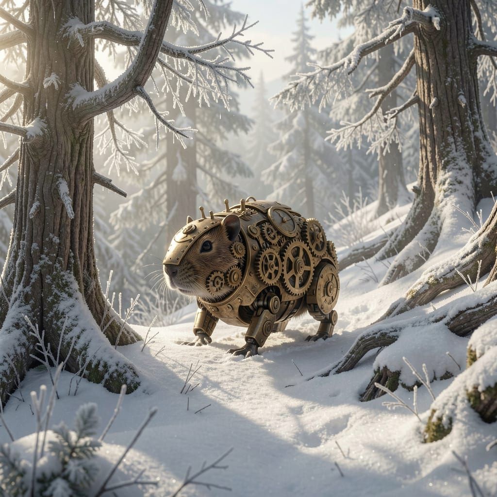 Steampunk Groundhog in Snowy Alpine Woods