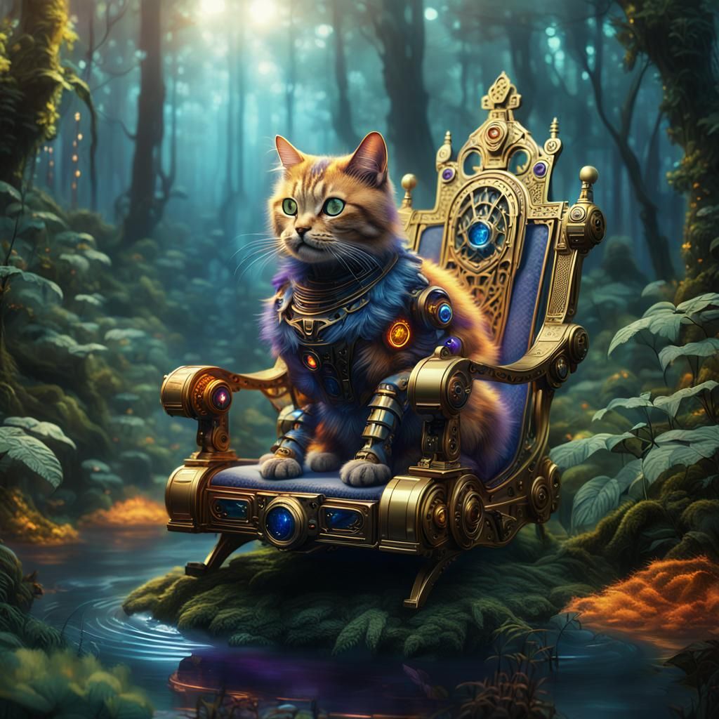 Cybernetic Feline on Ornate Mechanical Throne