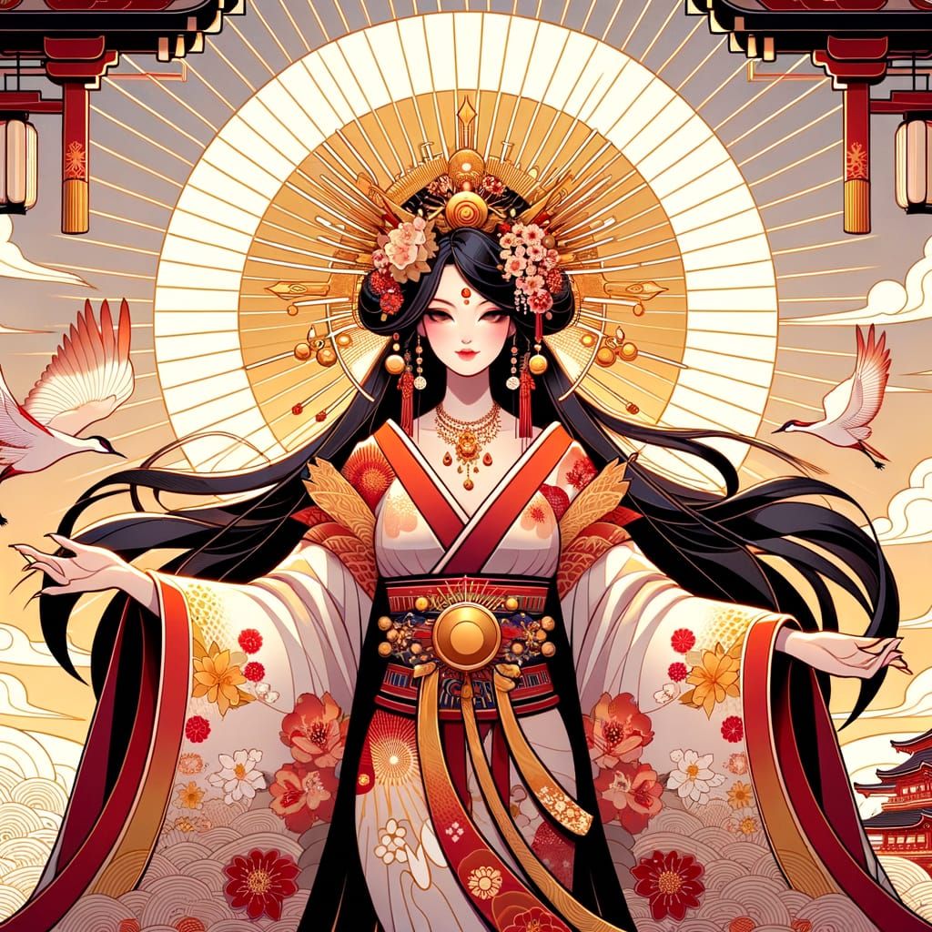 Amaterasu: Japanese Sun Goddess in Elegant Vector Style