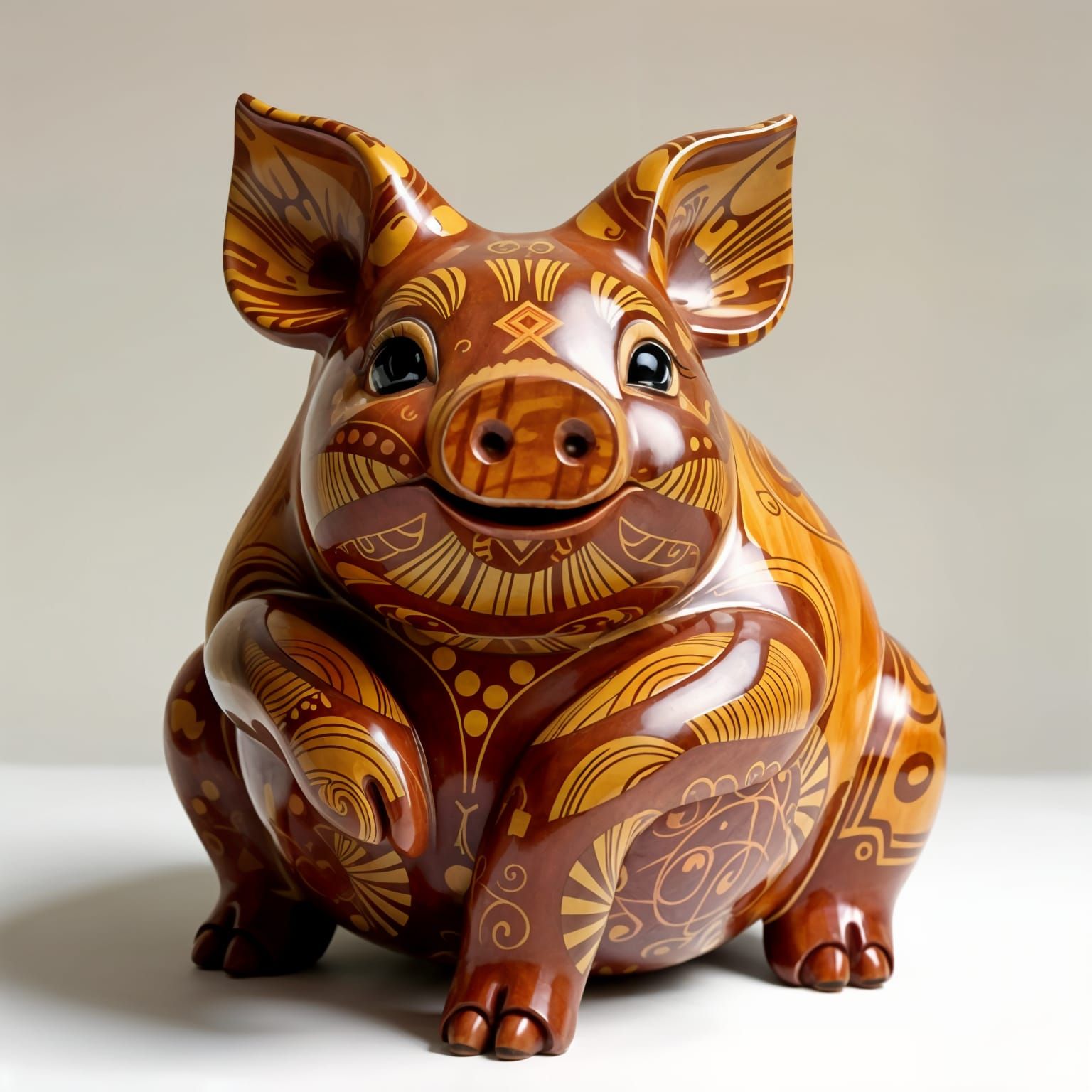 Exotic Wood Pig Sculpture with Abstract Fractal Design
