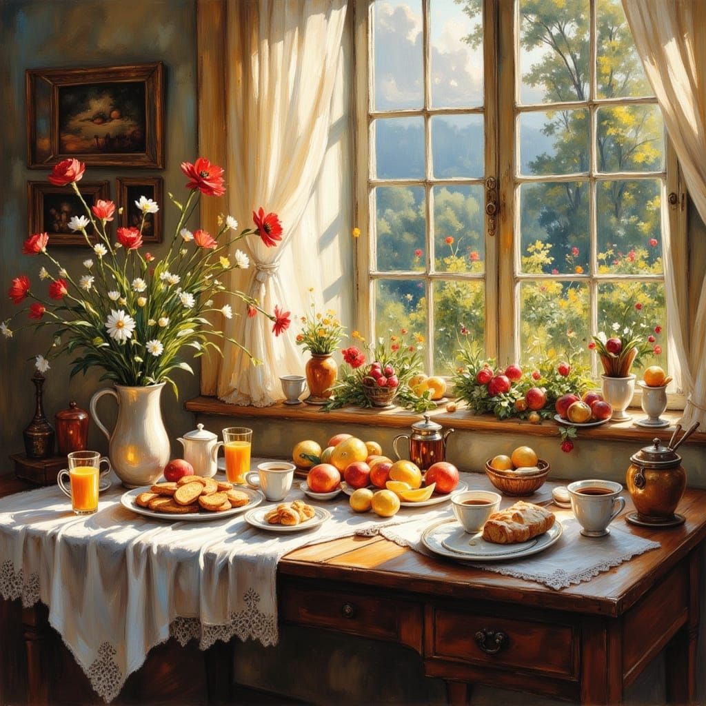 French Kitchen Breakfast in Painterly Abstract Style