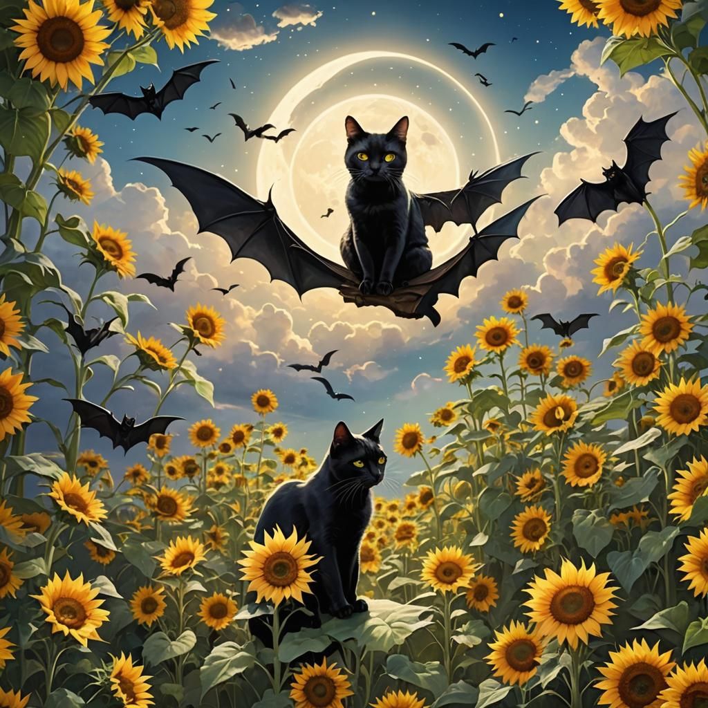 Black Cat with Bat Wings in Sunflower Field