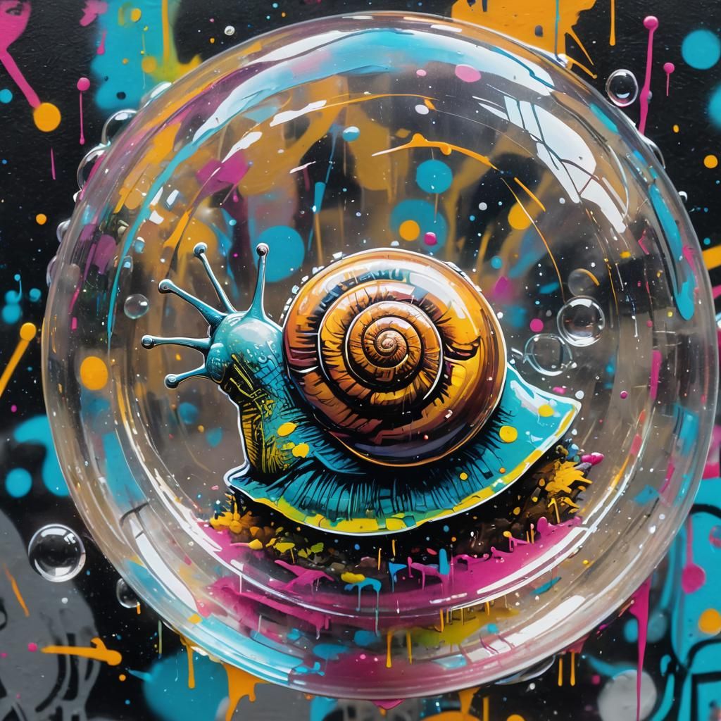 Transparent Snail in a Bubble: Graffiti Art Close-Up