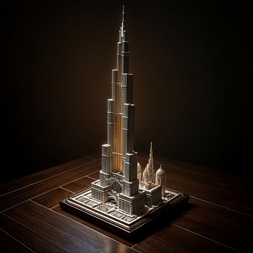 Sculpted Clay Model of Burj Khalifa in Dramatic Lighting