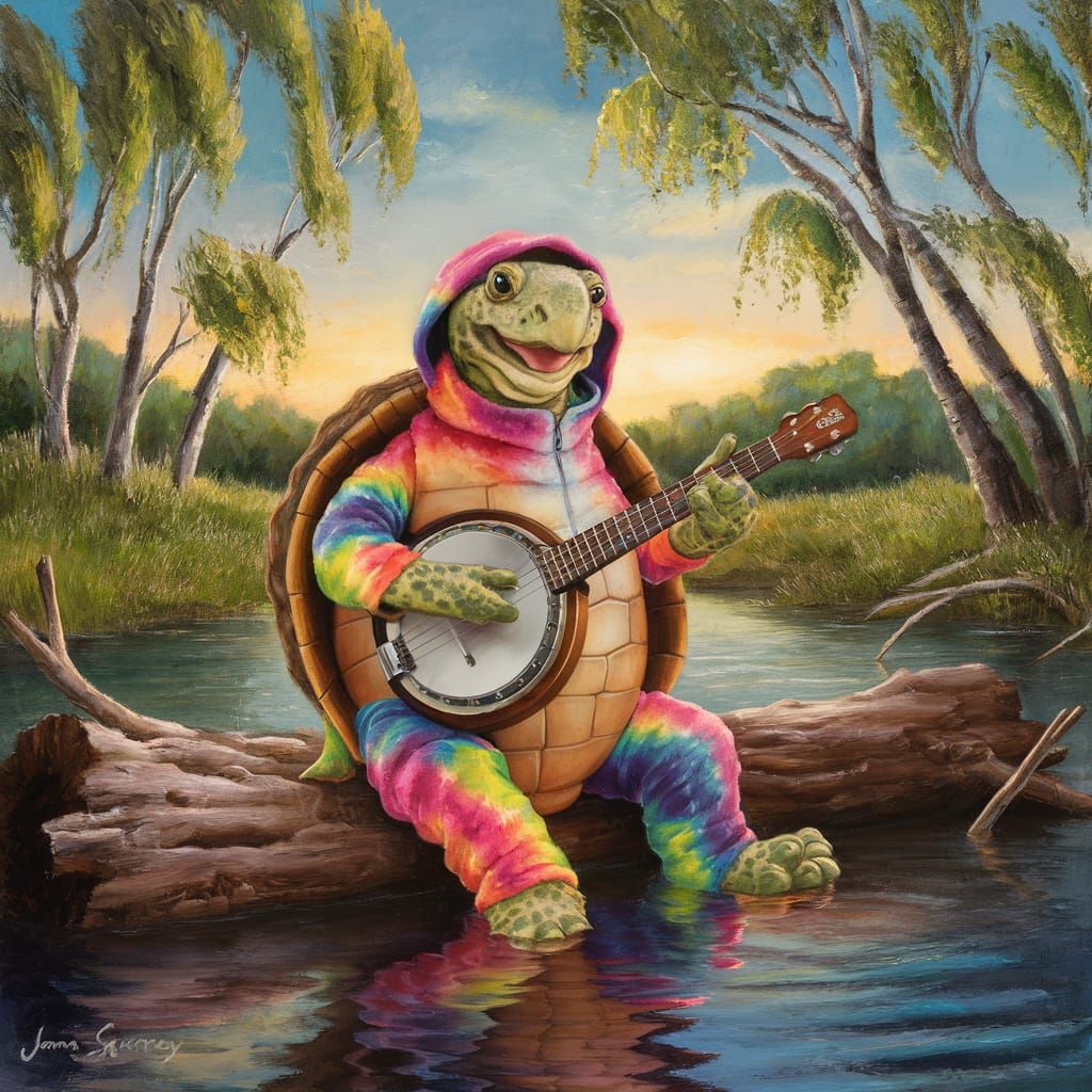 Anthropomorphic Turtle Plays Banjo: Oil Painting