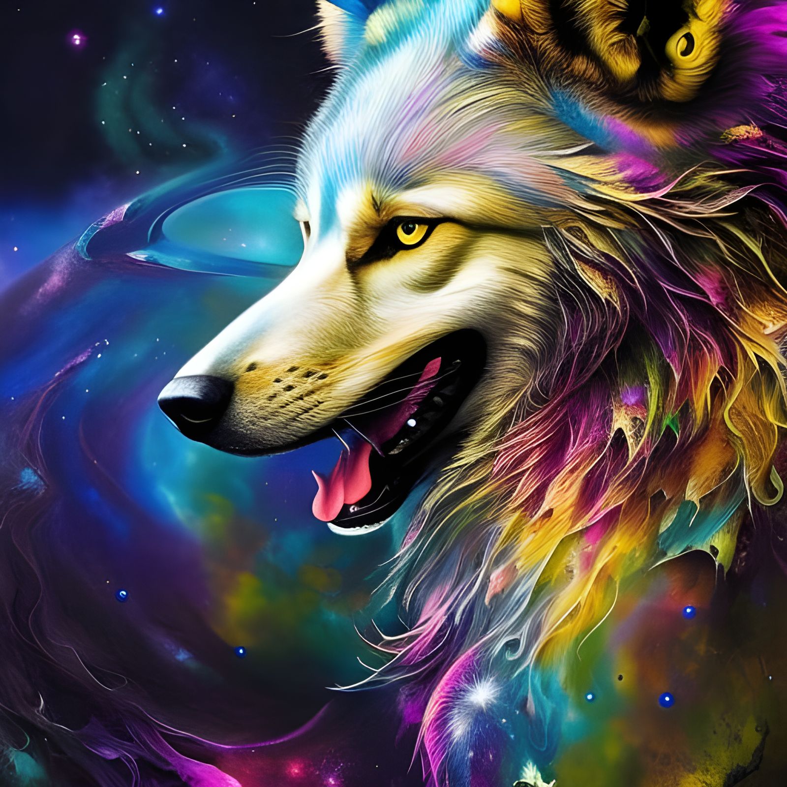 Celestial Wolf Portrait in Inkblot Art Style