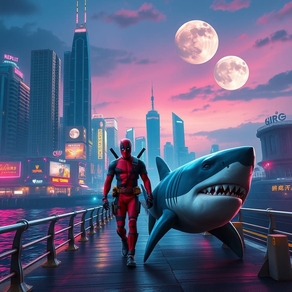 Deadpool and Pet Shark in Cyberpunk Cityscape