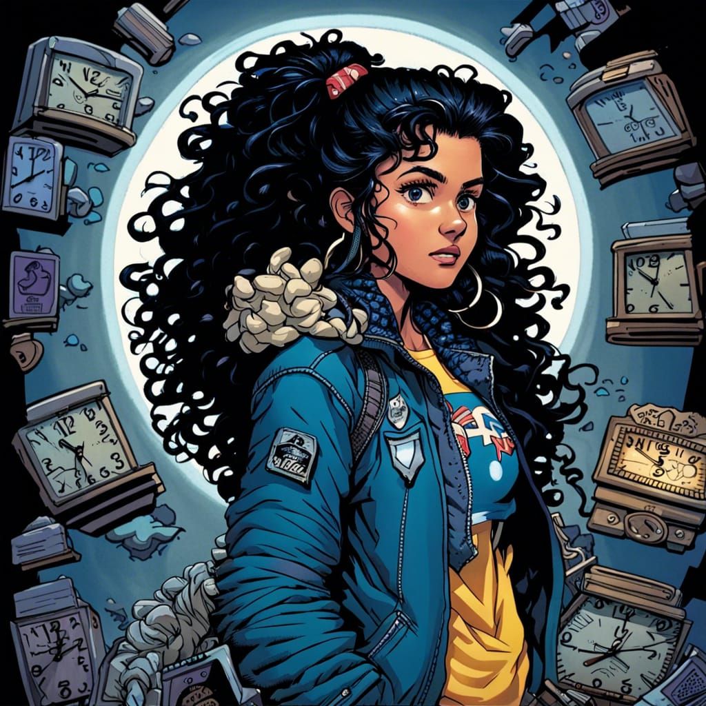 Girl in 80s Style Among Clocks: Comic Book Art