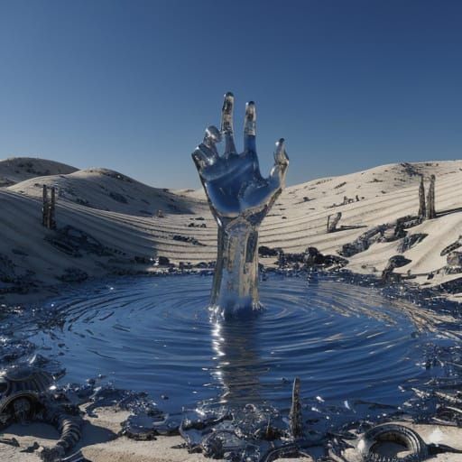 Mercury Hand Rises From Desert Pool in Hyper-Realistic Digit...