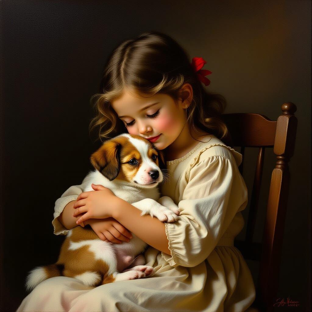 Girl Embracing Dog in Classic Oil Painting