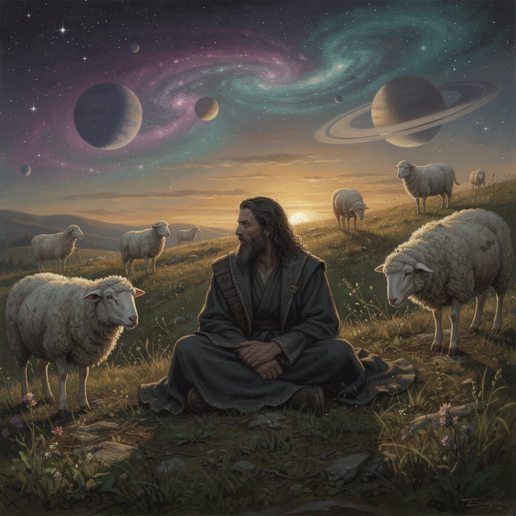 Mystic Man on Hill at Sunset with Cosmic Sky