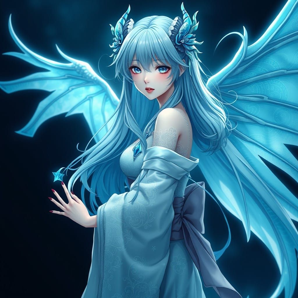 Ethereal Anime Goddess with Aqua Hair and Water Dragon Wings