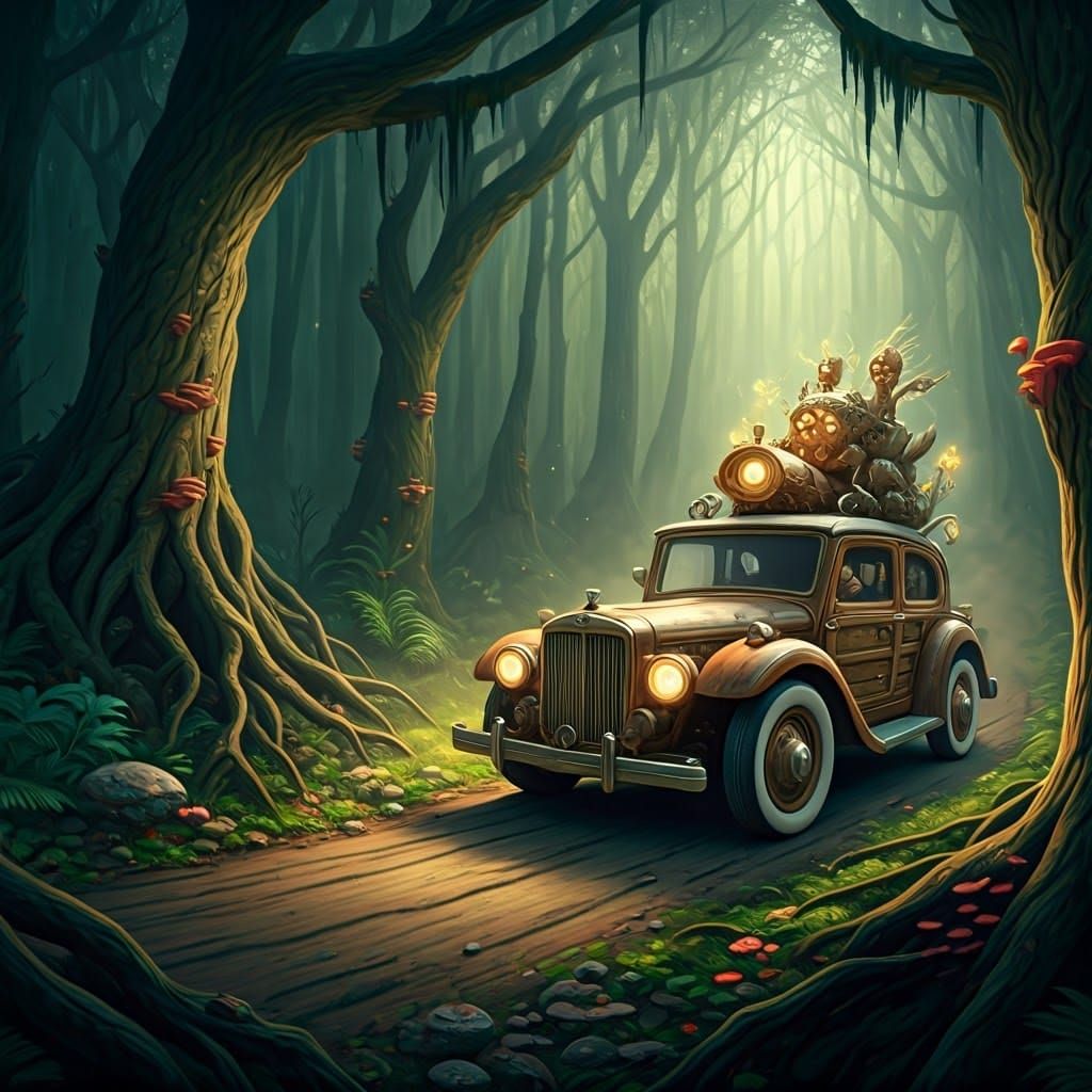 Mystical Wooden Cars in Enchanted Forest