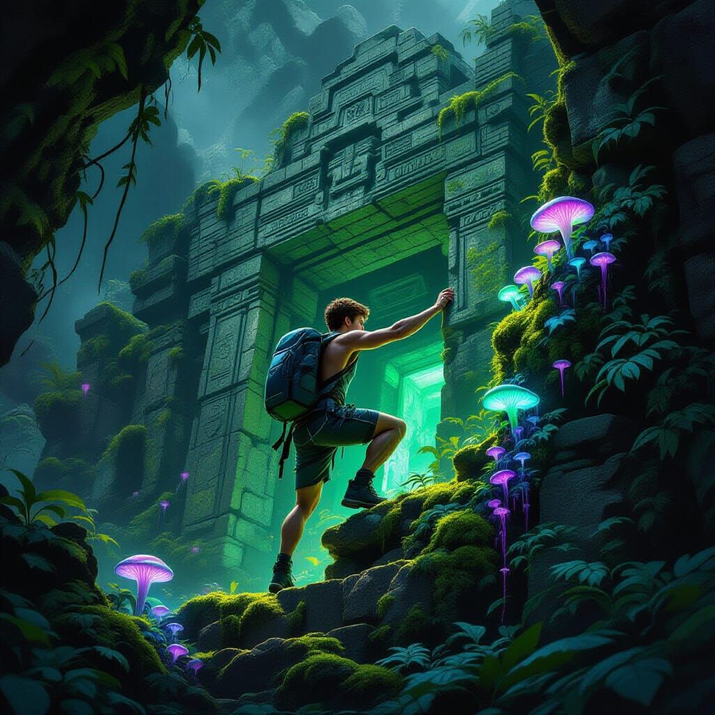 Fantasy Explorer Climbs Glowing Ancient Ruin