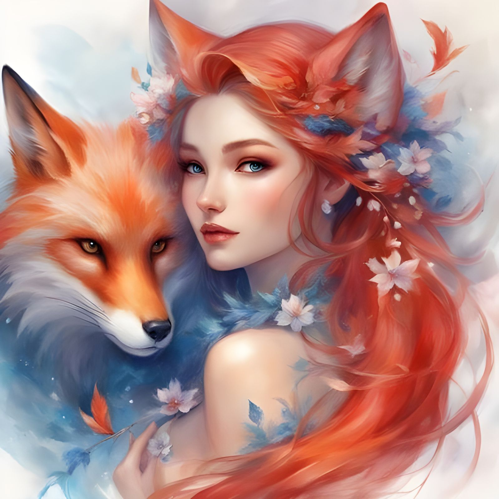 Mesmerizing Kitsune Portrait in Red and Blue
