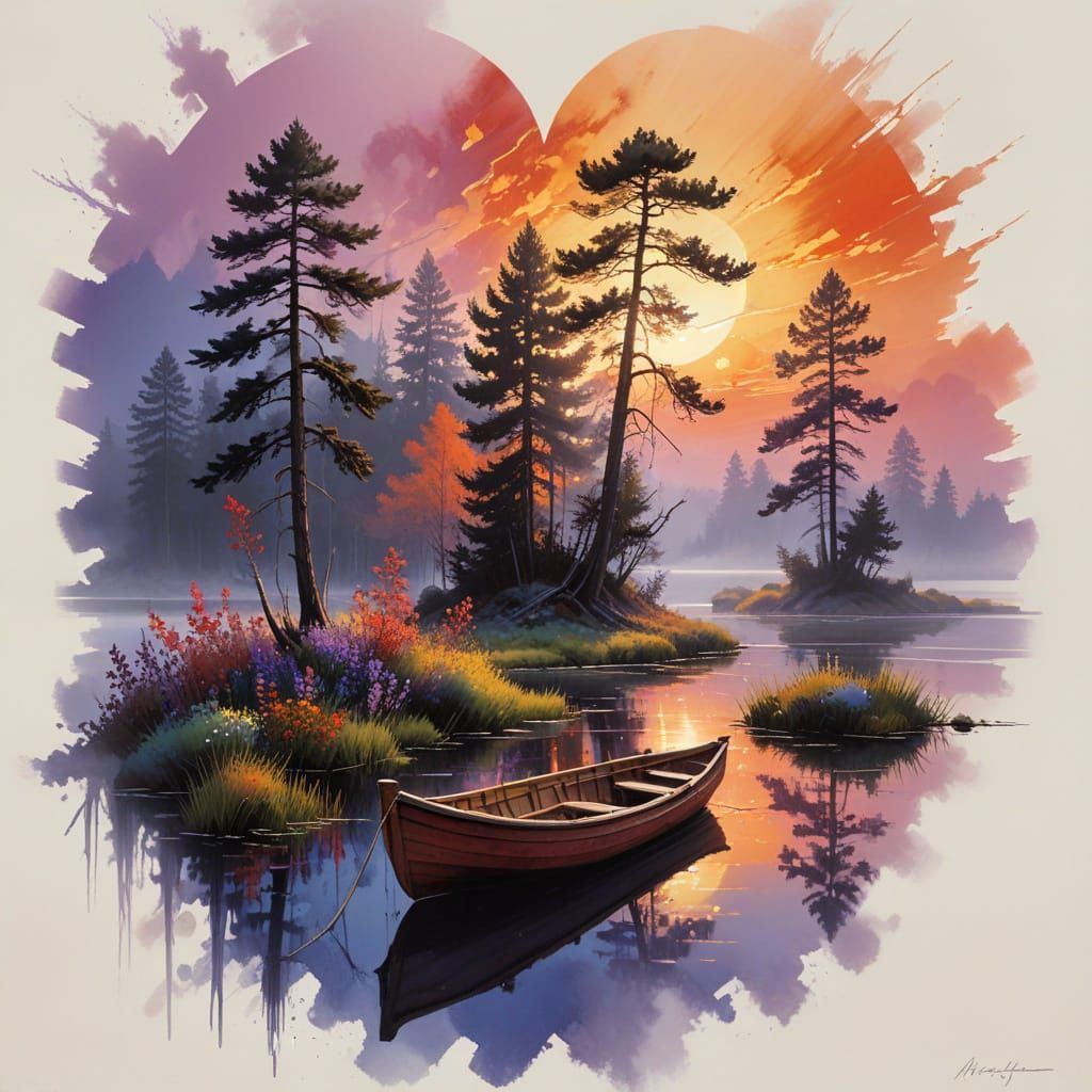 Serene River Scene with Vibrant Sky and Glowing Moon