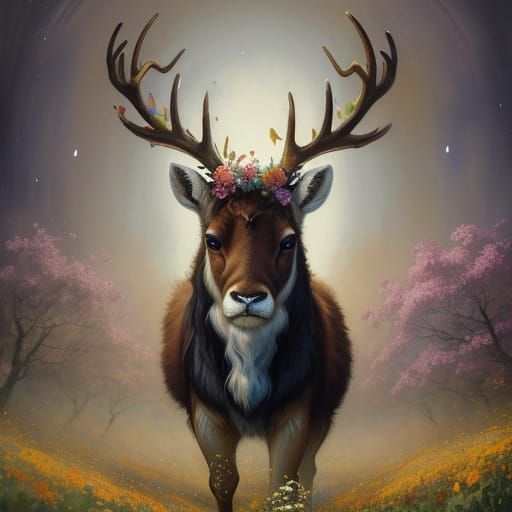 Sad Baby Reindeer Among Flowers in Gouache and Watercolour