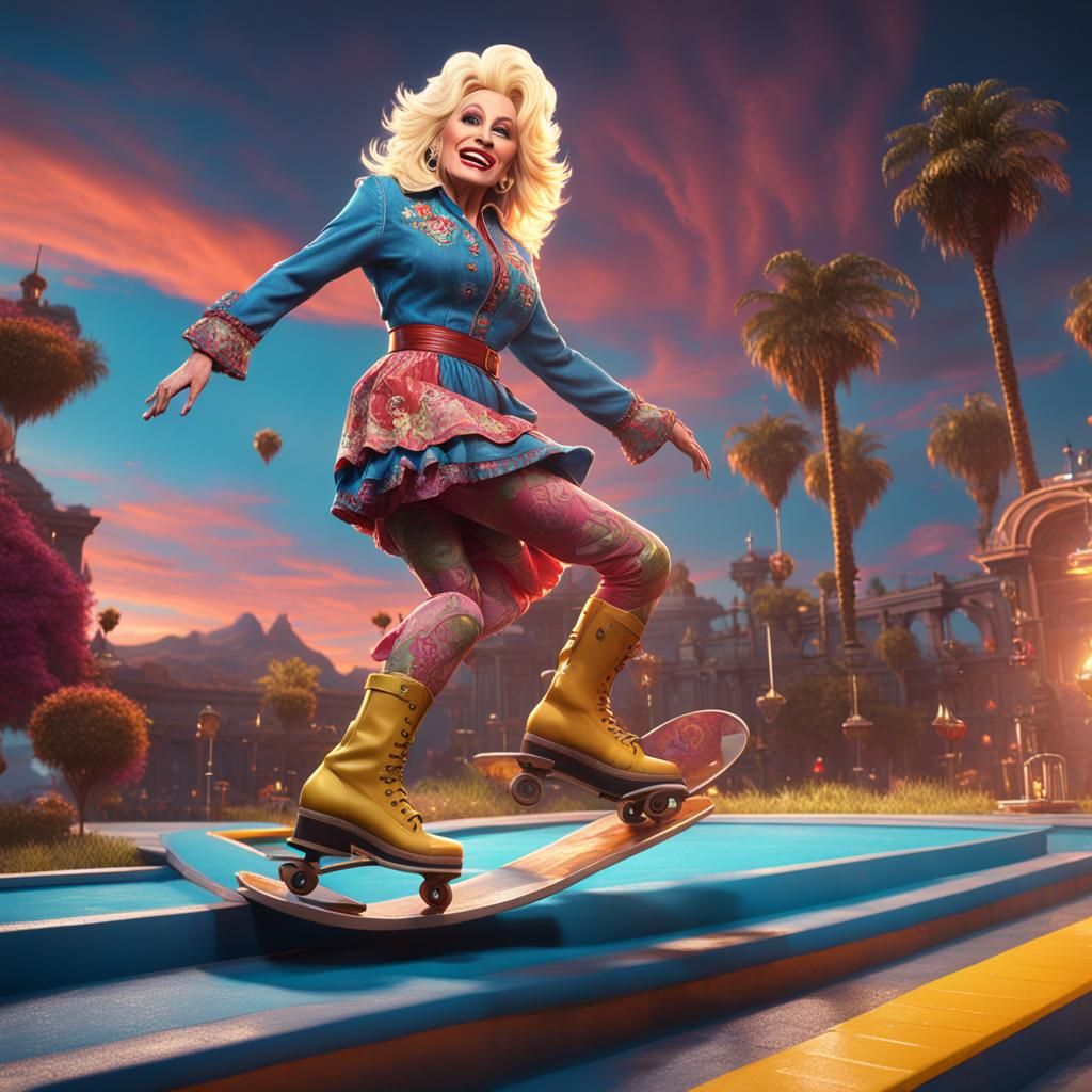 Dolly Parton Kickflips in Fantasy Concept Art