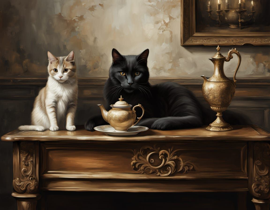 Melancholic Girl with Cat in Dimly Lit Lounge Oil Painting