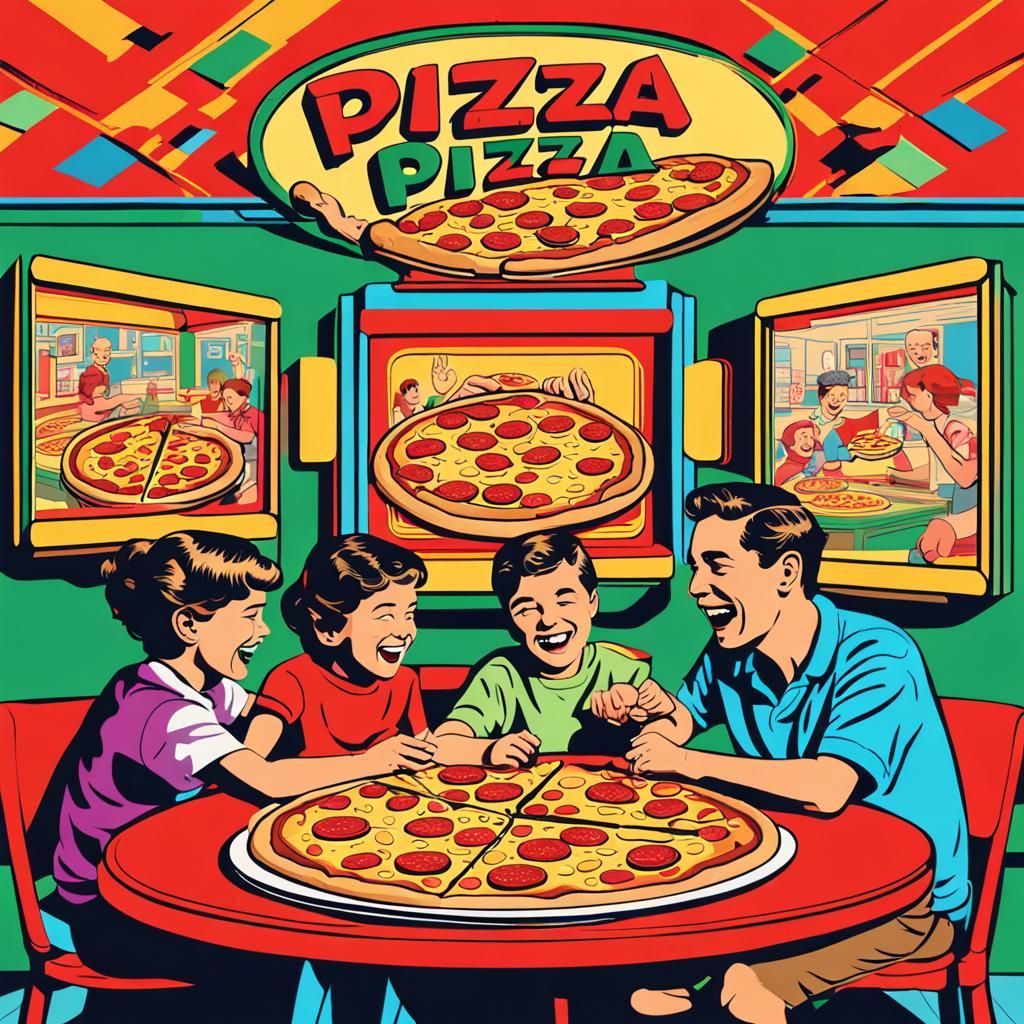 Family Pizza Night in 1950s Pop Art Pizzeria