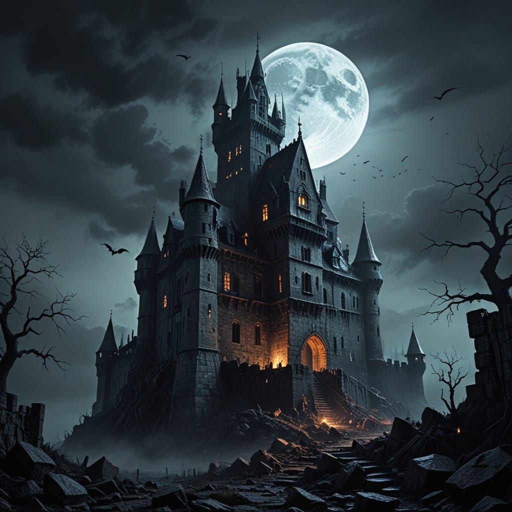 Grim Medieval Vampire Castle in Gothic Horror Illustration