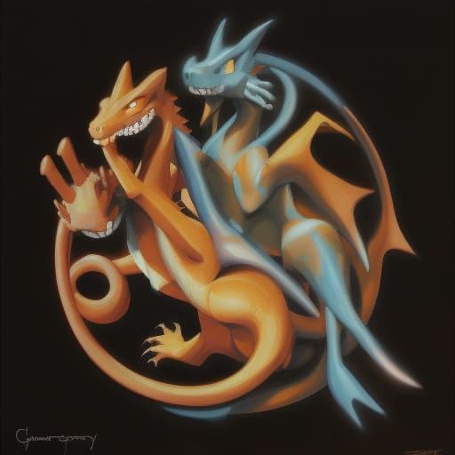 Three-Headed Charizard as Oil Painting